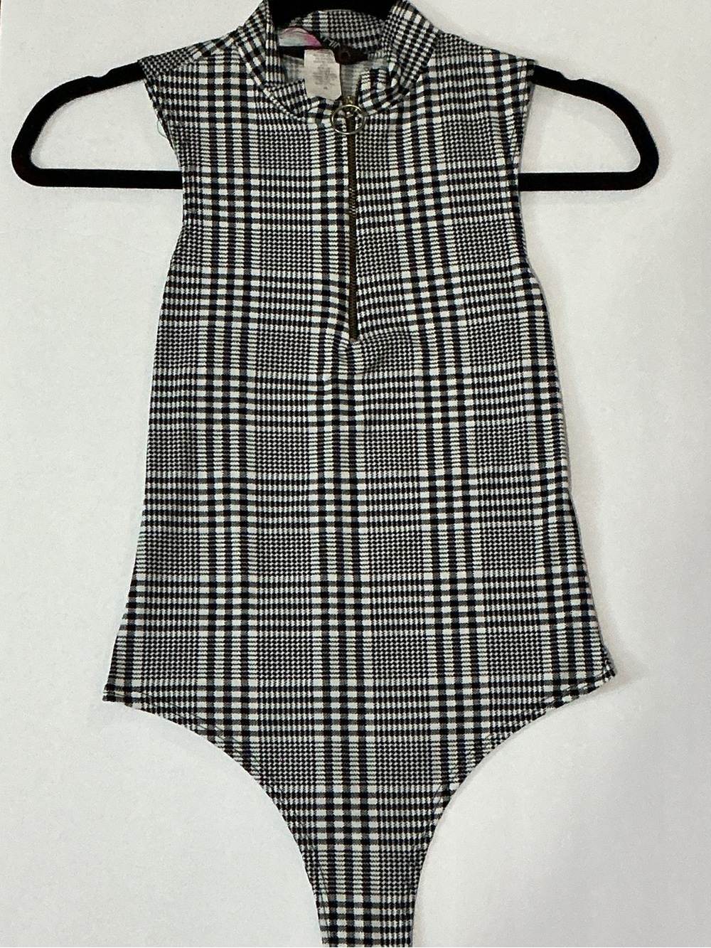 Say Anything Sleeveless Plaid Mock Neck Jumpsuit Bodysuit - Black & White